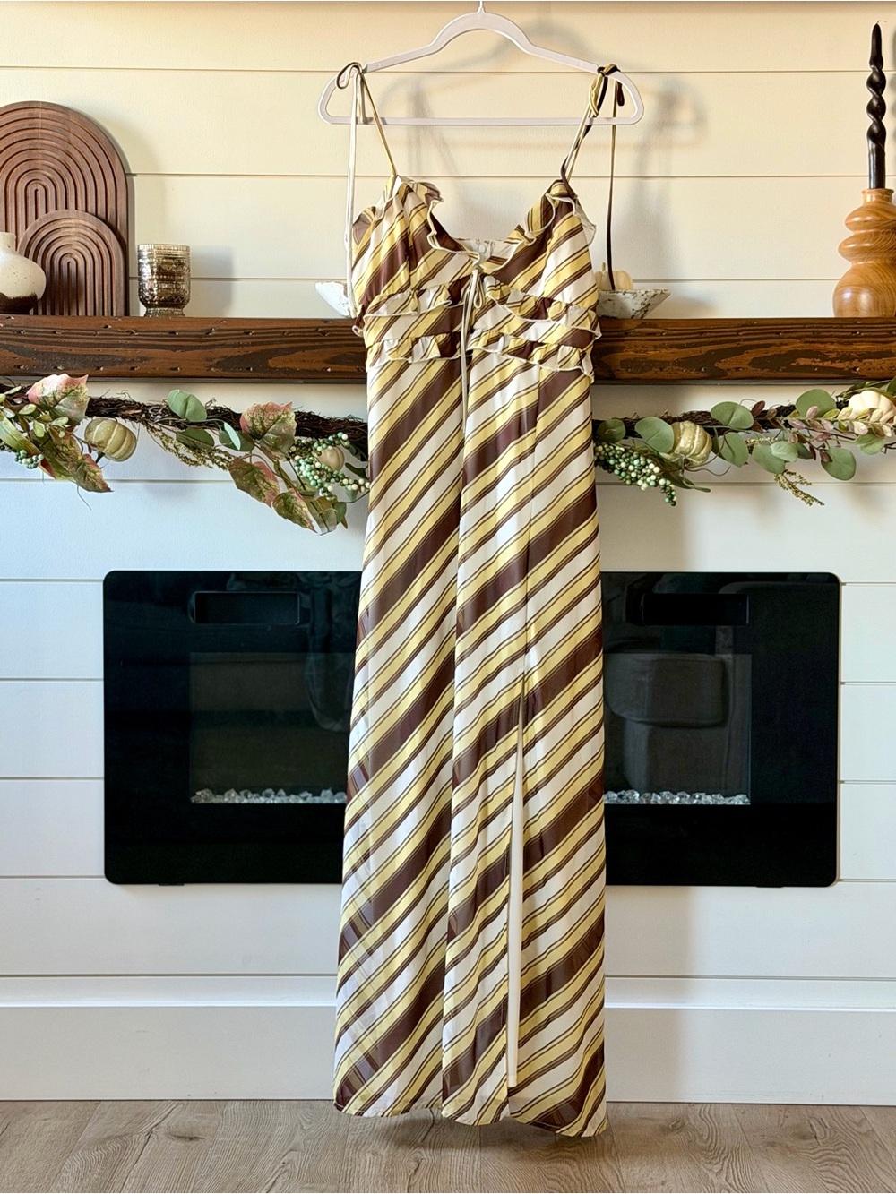 Altar'd State Striped Tie-Shoulder Maxi in Brown Yellow and Cream